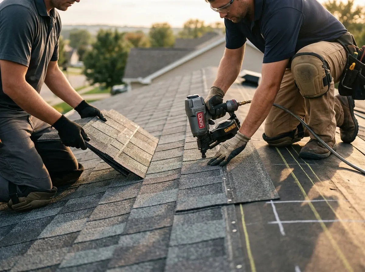 Professional roofer working on a residential roof in Cromwell